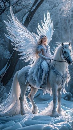 a woman riding on the back of a white horse in a snowy forest with angel wings