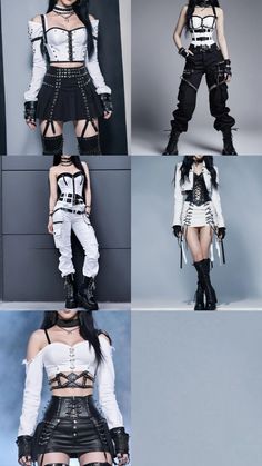 four different pictures of women in cosplay clothing and boots, all wearing black and white