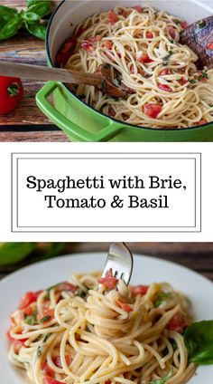 spaghetti with broccoli, tomato and basil in a pan on a wooden table