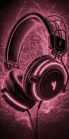 a pair of headphones sitting next to each other on top of a purple background