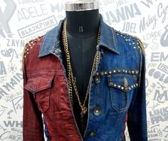 Handpainted Harley quinn jacket embellished with gold metal chains and studs making it a perfect clubwear jacket.Check it out on our etsy store. Harley Quinn, Metal Chain, Etsy Store