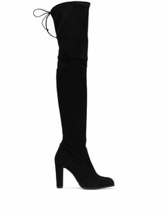 Black leather Highland 120mm thigh-high boots from STUART WEITZMAN featuring round toe, rear tie fastening, branded insole and high block heel. | Stuart Weitzman Highland 120mm thigh-high boots Thigh High Boots Heels Black, Womens Black Knee High Boots, Long Heels Boots, Long Knee High Boots Outfits, Black Dress With High Boots, Black Knee High Heels, Luxury Black Thigh High Heeled Boots, Modern Black Knee-high High-heel Boots, Black Boots Knee High