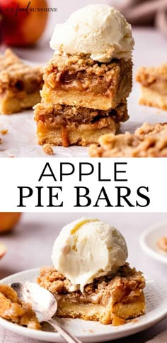 apple pie bars with ice cream on top and an image of apples in the background