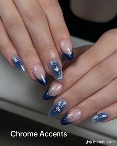 Blue Gel X Nails Almond, Almond Nails Blue Design, Navy Aura Nails, Almond Nails Dark Blue, Blue Almond French Tip, Blue Almond Nails Design, Light Blue Nail Ideas, Almond Nails Blue, Blue Almond Nails