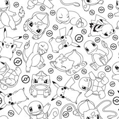 an image of many different pokemons in black and white ink on a sheet of paper