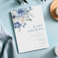 Elegant Dusty Blue Floral Winter Baby Shower Invitation Flower Illustration