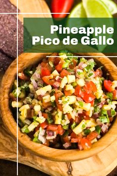 pineapple pico de gallo salsa in a wooden bowl