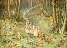 an image of a fairy scene in the woods with many people and animals on it