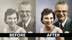 an old black and white photo of two people before and after their wedding