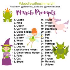 a poster with the names and numbers for march propps, including an image of a fairy