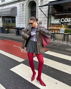 Coloured Tights Outfit, Red Stockings Outfit, Colorful Tights Outfit, White Tights Outfit, Red Tights Outfit, January Outfits, Rochelle Humes, Red Tights, Stockings Outfit