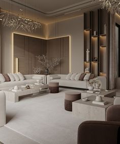 an elegant living room with white furniture and chandelier