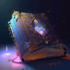 an open book sitting on top of a table next to a candle and some beads