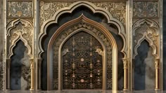 an ornate gold and black door with intricate carvings on the sides, surrounded by marble flooring