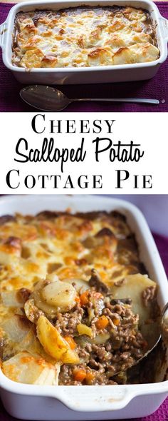 cheesy scalloped potato cottage pie in a casserole dish