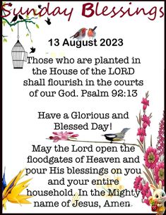 a poster with the words sunday blessing and birds on it's side, next to flowers