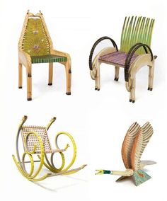 four different types of chairs made out of wood