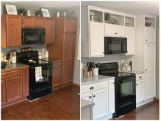 two pictures of the same kitchen with white cabinets and black appliances