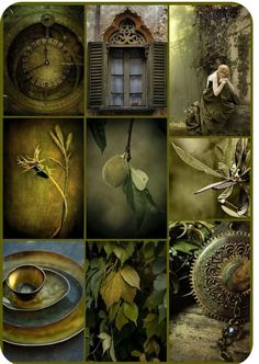 a collage of photos with green and gold accents, including an antique clock, leaves, flowers, and other items