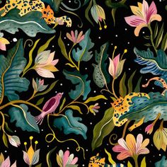 a black background with colorful flowers and plants on it's sides, all in different colors