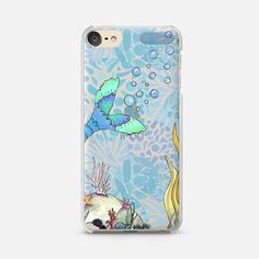 an iphone case with mermaids and fish in the ocean on blue watercolor background