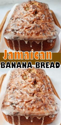 two pictures of banana bread with icing on top