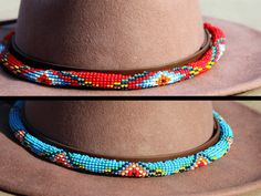 Dress up any hat with this western beaded leather hat band. Beautiful native and Navajo patterns with vibrant colors. Bring a southern charm to your old favorites with this gorgeous hat band or make your new hat even more special. Made of full grain leather (highest grade leather) and glass beads. Handmade in Brazil by artisan women. You can match your hat band with our best-selling leather beaded dog collars! Treated with beeswax, water resistant. 30 days free returns or exchange. 1-year ... Beadwork Ideas, Navajo Pattern, Beaded Hat Bands, Beaded Dog Collar, Hat Bands, Beaded Hat, Native American Crafts, Native Beadwork, Leather Hat