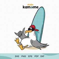 an image of a bird with a surfboard in his hand and the words karmme on it