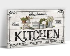 a kitchen sign with pots and pans on it