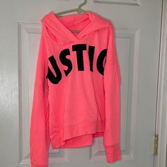 Justice Girls Sweatshirt Size 12 Nwt Stretch Letter Print Hoodie Top, Stretch Letter Print Hoodie, Pink Cotton Hoodie Top, Trendy Long Sleeve Sports T-shirt, Pink Hoodie Tops For Loungewear, Pink Letter Print Top For Winter, Pink Tops With Letter Print For Winter, Sporty Letter Print Hoodie Top, Trendy Pink Hoodie Top