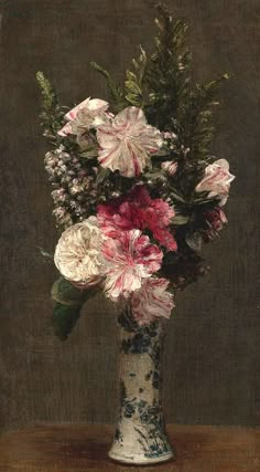 a painting of pink and white flowers in a vase on a wooden table with dark background