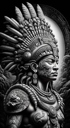 an artistic black and white drawing of a native american woman with feathers on her head