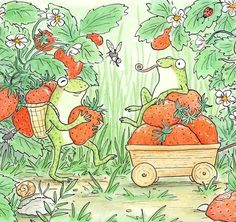 a drawing of two frogs pushing strawberries in a wagon