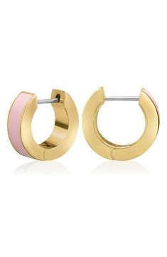 Easy-to-wear hoop earrings will add significant polish to even your most casual ensembles. 1/2" drop Hinge with snap-post closure Goldtone plate/enamel Imported Enamel Huggie Hoop Earrings For Pierced Ears, Everyday Enamel Hoop Earrings, Small Hoop Enamel Earrings, Hoop Huggie Earrings In Enamel, Enamel Huggie Hoop Earrings, Modern Enamel Hoop Earrings, Huggie Hoop Earrings, Nordstrom Rack, Light Pink