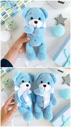 there is a blue crocheted teddy bear on the table