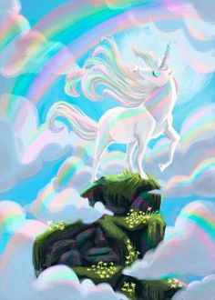 an unicorn standing on top of a mountain with a rainbow in the sky behind it