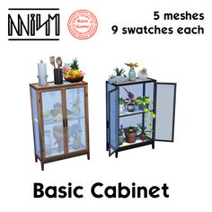 two shelves that have plants in them and the words basic cabinet below it are also labeled