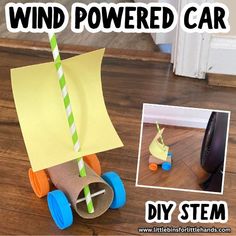 a kid's paper boat made out of toilet paper with the words wind powered car on it