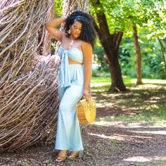 Available In Powder Blue & Sage Two Piece Crop Top Wide Leg Set Super Stretchy Model Is Wearing Size Medium (Dress Size 8/ 5'5) Blue Sage, Scarf Top, Stretchy Pants, Medium Dress, Pant Set, Powder Blue, Pants Set, Pant Jumpsuit, Wide Leg