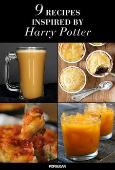 harry potter recipe collage with orange juice, pies and other food in glass mugs