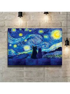 a cat sitting in front of a starr night painting on a wall with lights around it