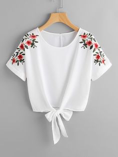 Shop Flower Embroidery Knot Front Top online. SheIn offers Flower Embroidery Knot Front Top & more to fit your fashionable needs. Embroidery Knot, Embroidery Fashion Detail, فستان سهرة, Cropped Tops, Embroidery Fashion, Flower Embroidery, Embroidery Dress, Girls Fashion Clothes, Teen Fashion Outfits