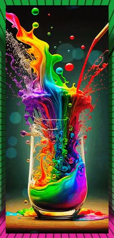 a colorful liquid splashing into a glass filled with water