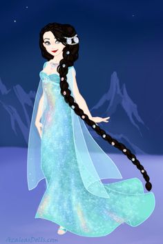 a drawing of a woman with long black hair wearing a blue dress and holding a braid