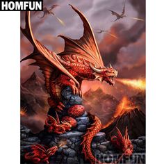 a red dragon sitting on top of a pile of rocks with fire in the background