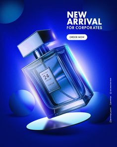 an advertisement for new arrival perfumes featuring a blue bottle with the number 24 on it