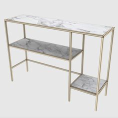 a white marble topped console table with gold metal legs and two shelves on each side