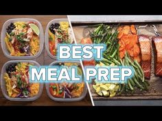 four plastic containers filled with food and the words best meal prep