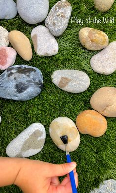 a child's hand holding a toothbrush in front of rocks and grass