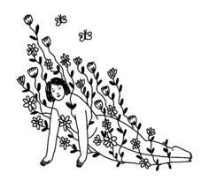 a drawing of a woman sitting on top of a tree with flowers and butterflies around her